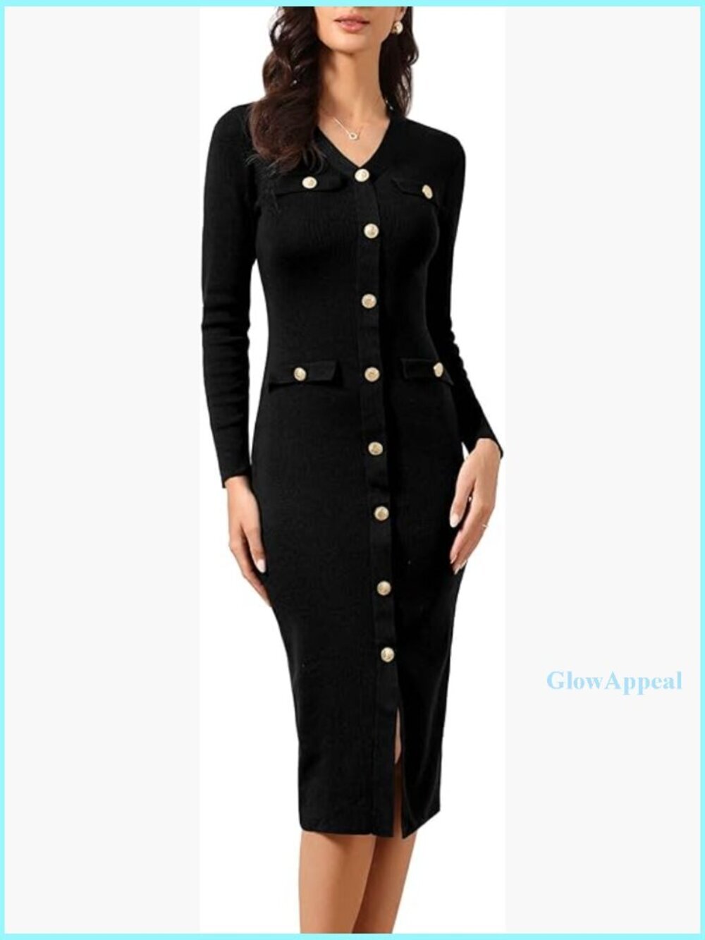 V-Neck Long Sleeve Bodycon Sweater Dress Button Decor Midi